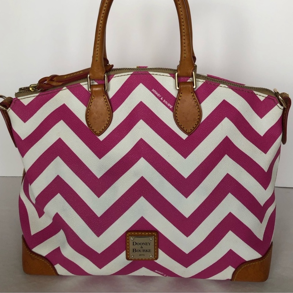 Dooney & Bourke Fuchsia & White Chevron Zip Zip Satchel with Crossbody Strap